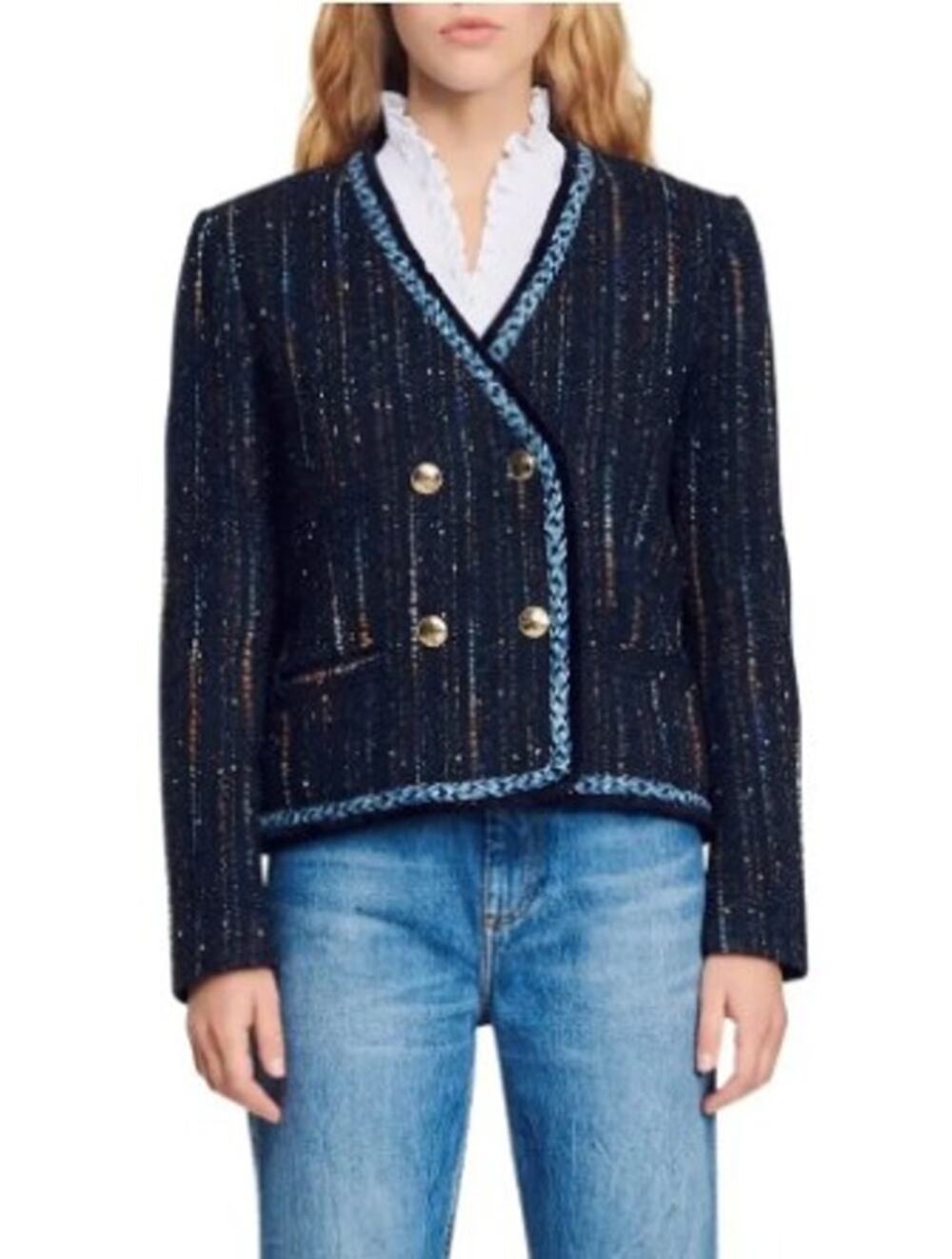 Sandro NWT Colibri Tweed Double Breasted Jacket Navy Bleu Marine Gold Button 40